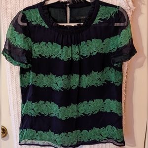J Crew Womens Blouse Top Silk Ruffle Floral Striped Navy Blue Green size 2